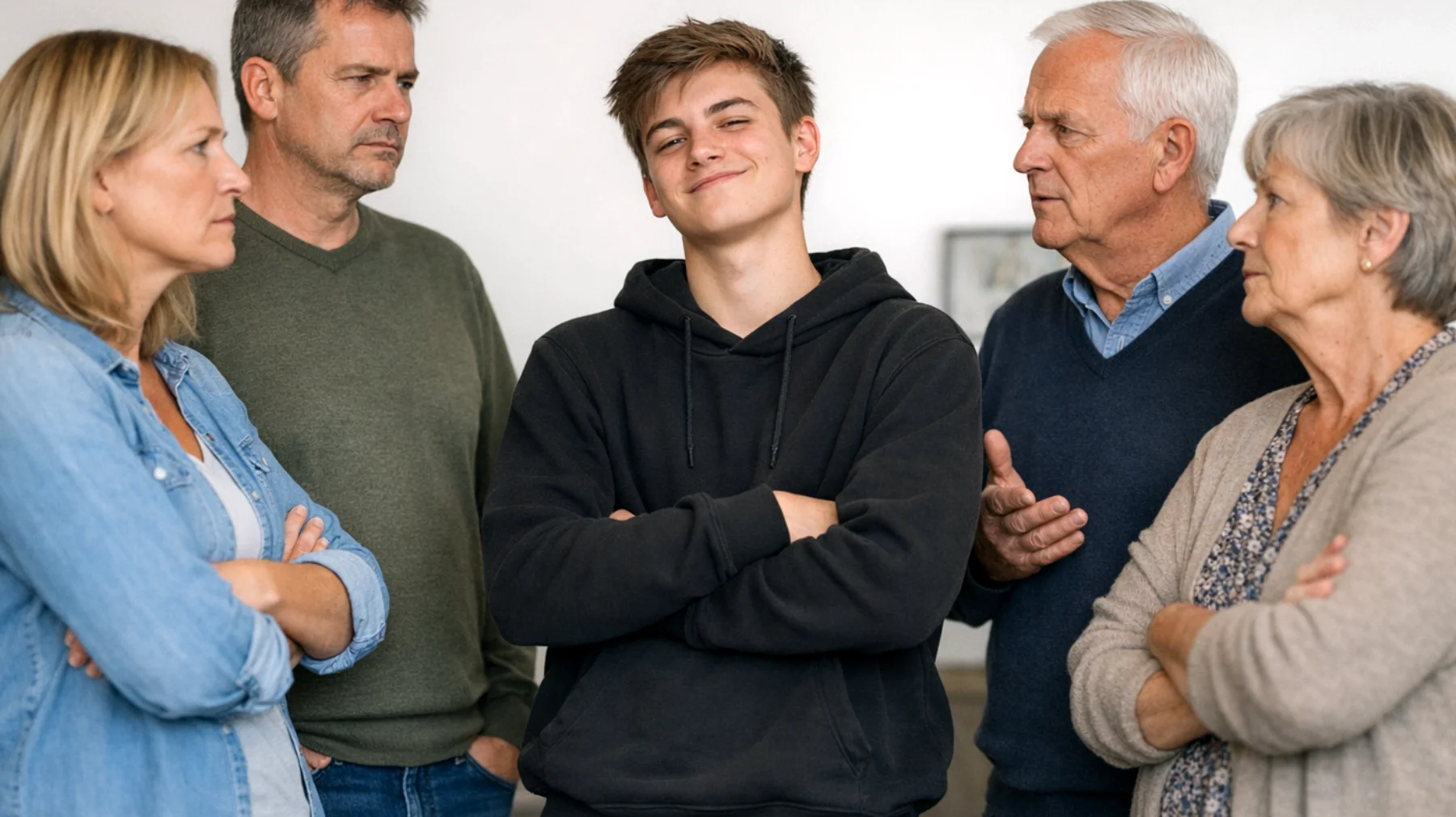 Die Eltern eines Jugendlichen geraten in einen zunehmenden Konflikt mit den Großeltern mütterlicherseits, die sich regelmäßig in Erziehungsentscheidungen einmischen. Die Großeltern erlauben dem Jugendlichen Dinge, die die Eltern ausdrücklich verboten haben, und kritisieren offen die Erziehungsmethoden der Eltern vor dem Kind. Der Jugendliche beginnt, die Spaltung auszunutzen, indem er die Großeltern gegen die Eltern ausspielt, was zu wachsenden Spannungen innerhalb der Gesamtfamilie führt."