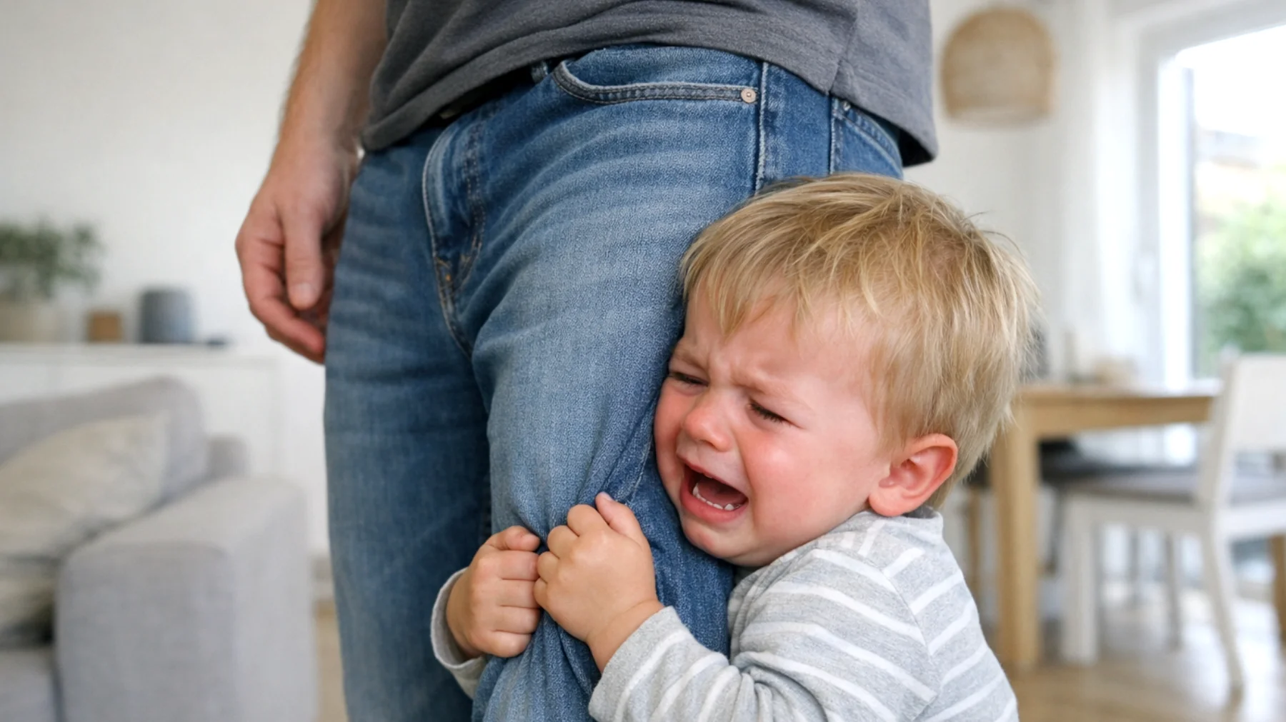 Der Vater bemerkt, dass sein Kind ständig seine Nähe und Bestätigung sucht und kaum in der Lage ist, eigenständig zu spielen oder kurze Trennungen zu tolerieren. Das Kind weint oder reagiert panisch, wenn der Vater den Raum verlässt, und kann keine einfachen Aufgaben ohne ständige Unterstützung erledigen."